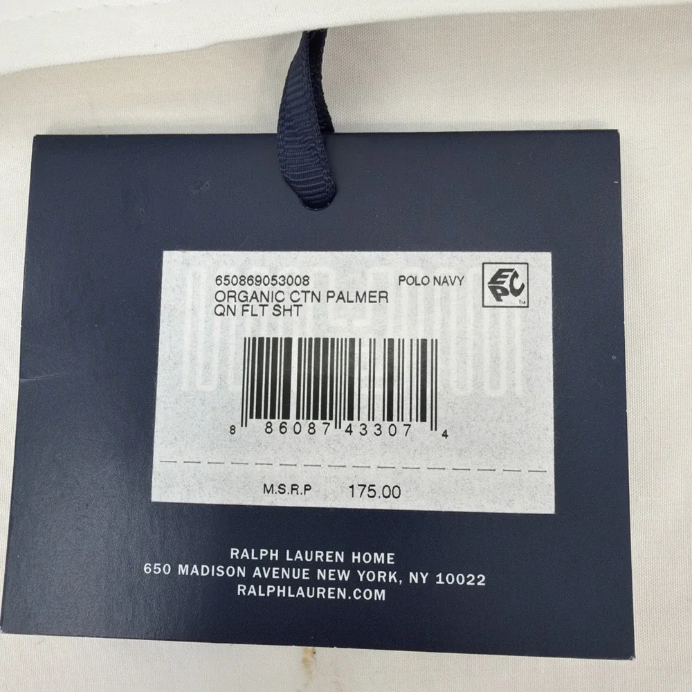 Ralph Lauren QUEEN FLAT SHEET White Navy Blue Palmer Percale Organic Cotton
